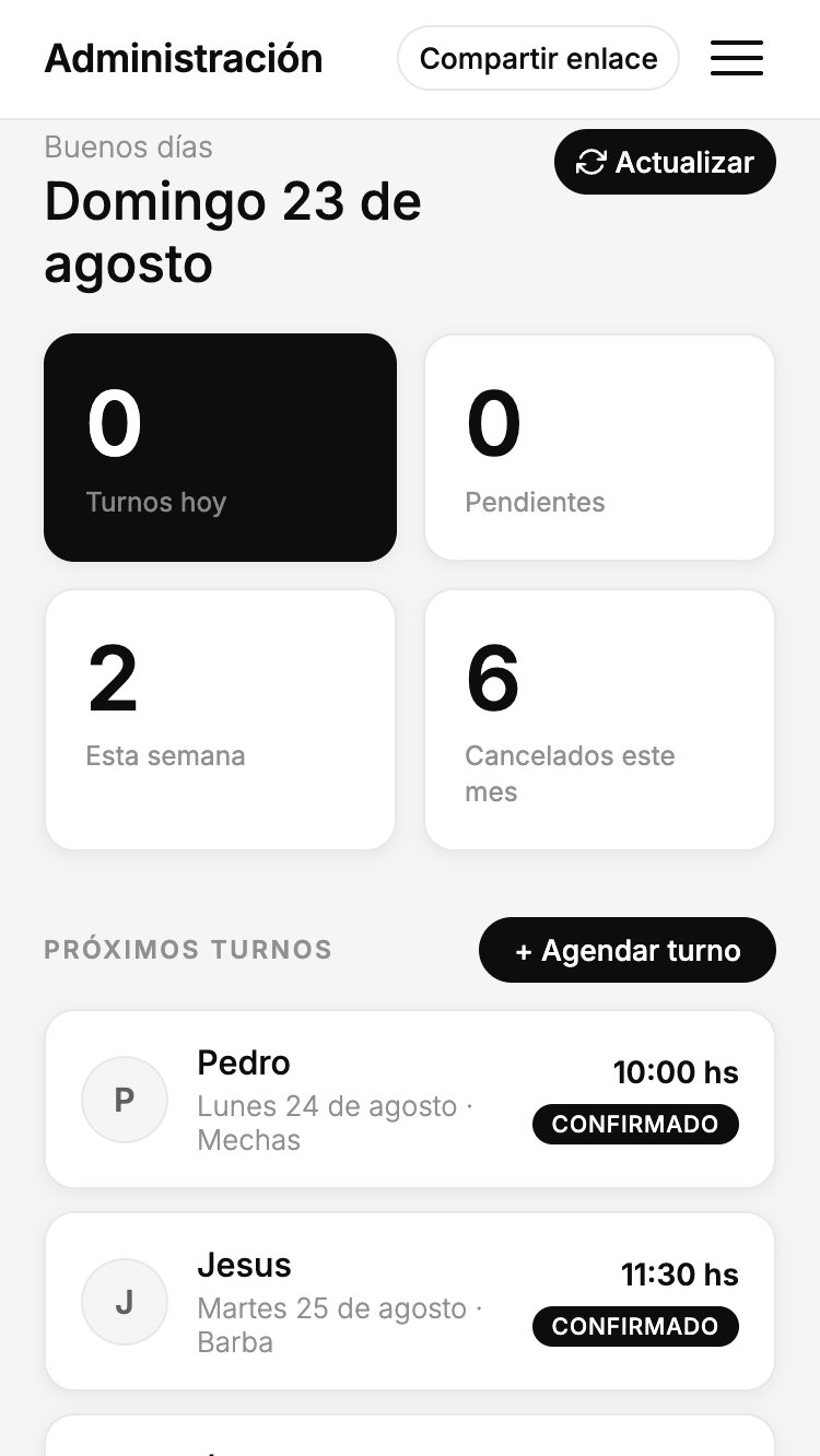 Panel de administración de Turnosoftware, vista 1