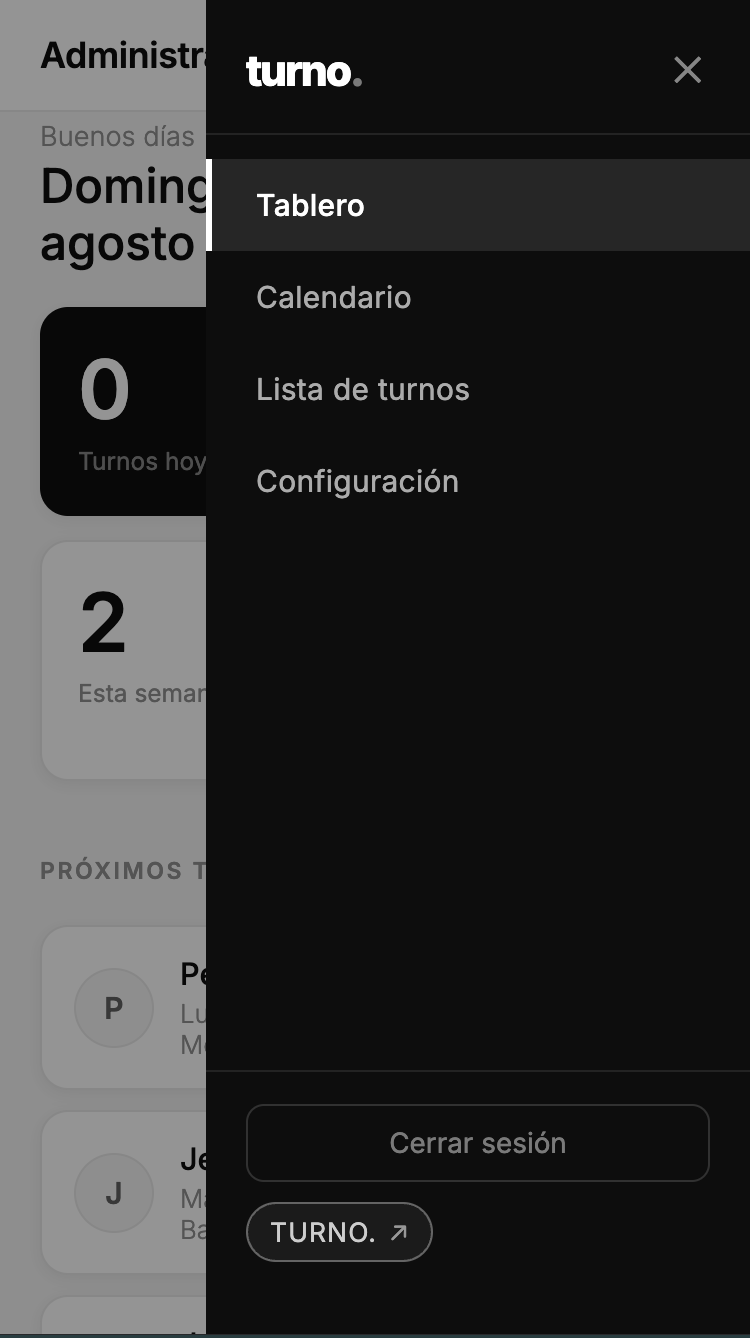 Panel de administración de Turnosoftware, vista 2