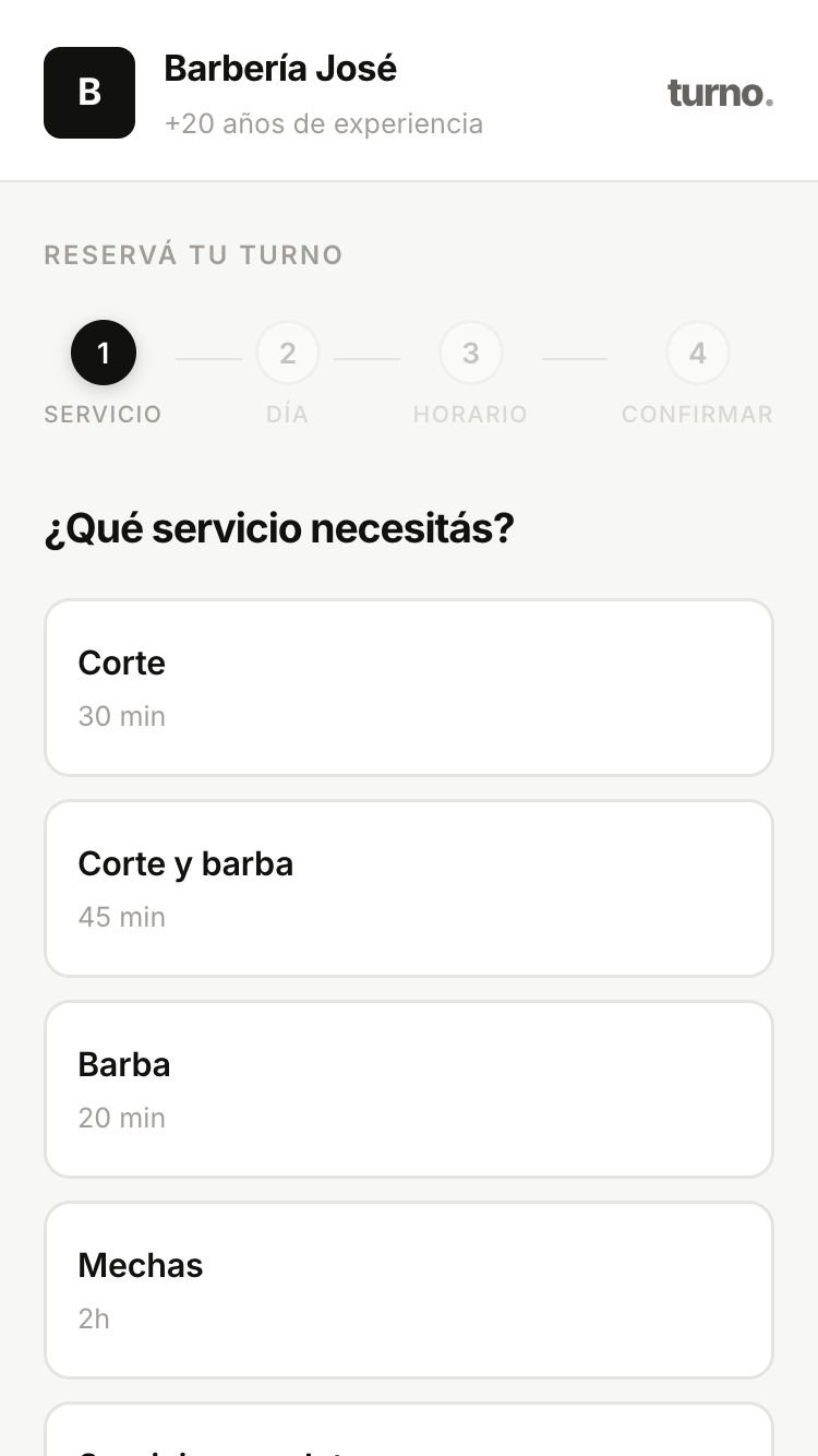 Flujo de reserva del cliente en Turnosoftware, vista 1