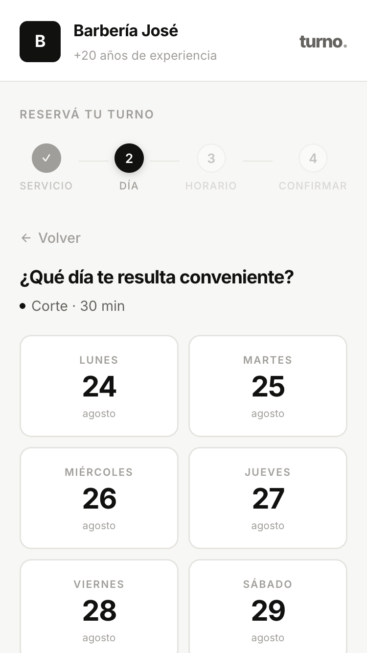 Flujo de reserva del cliente en Turnosoftware, vista 2