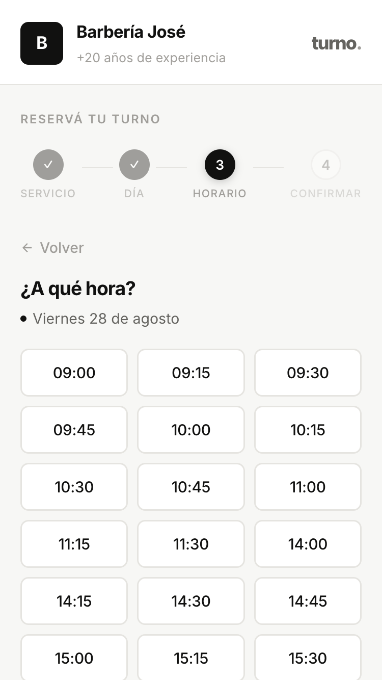 Flujo de reserva del cliente en Turnosoftware, vista 3