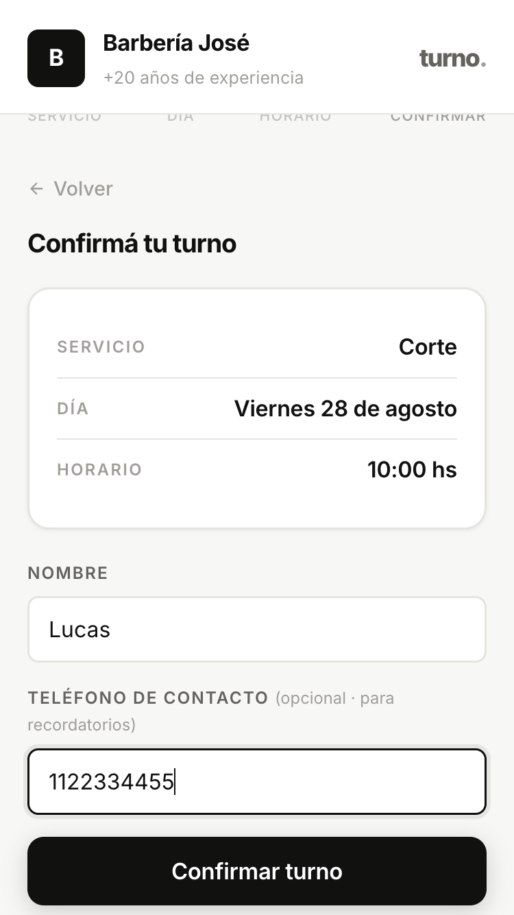 Flujo de reserva del cliente en Turnosoftware, vista 4b