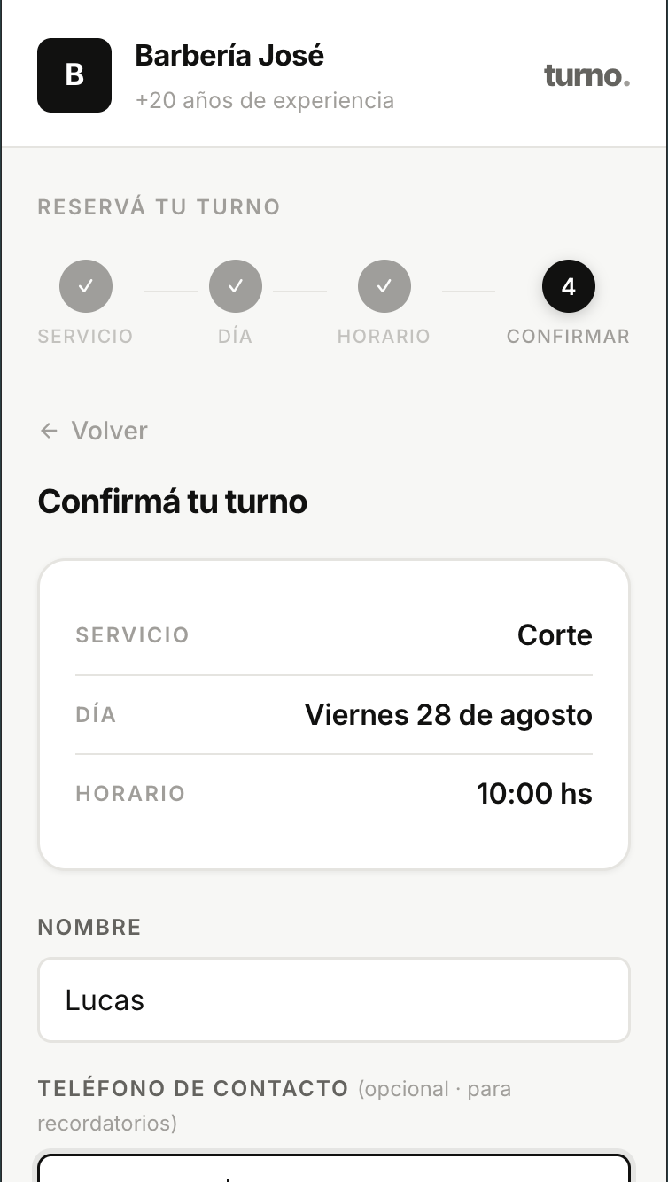 Flujo de reserva del cliente en Turnosoftware, vista 4