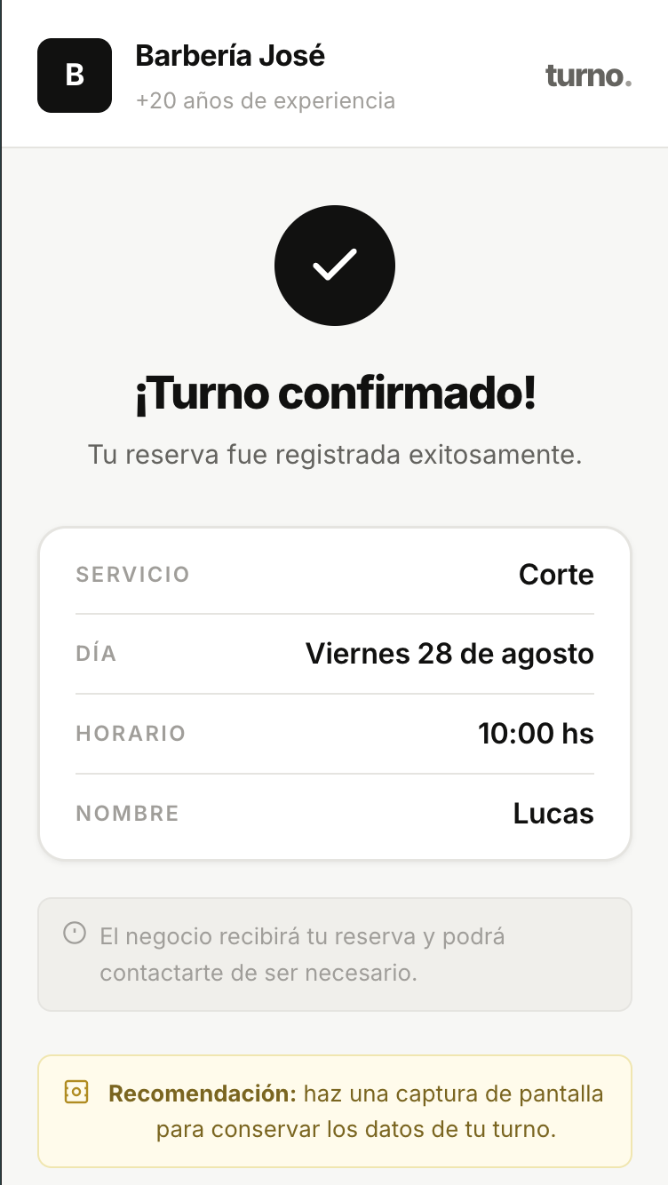 Flujo de reserva del cliente en Turnosoftware, vista 5